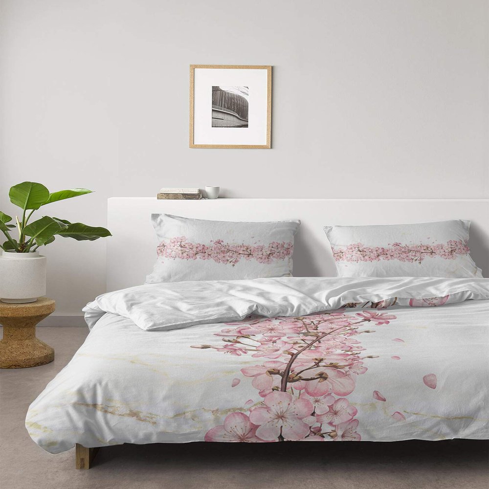 4 Piece California King Spring Peach Blossom Abstract Marble Breathable Comforter Covers Ultra Soft Bed Sheet with Decoretive 2 Pillow Shams Bedding Collection Sets Nature Floral Stone Art