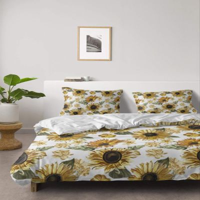 4 Piece California King Watercolor Blossoms Sunflowers Breathable Comforter Covers Ultra Soft Bed Sheet with Decoretive 2 Pillow Shams Bedding Collection Sets Spring Idyllic Flower Green Leaf