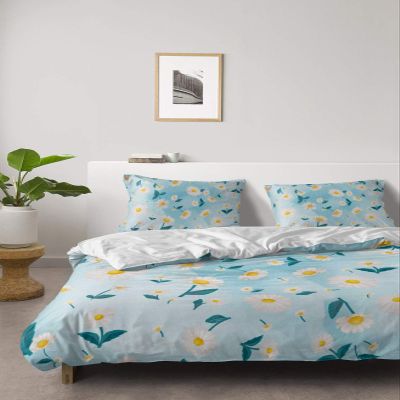 4 Piece California King Spring Farm Daisy Flower on Blue Breathable Comforter Covers Ultra Soft Bed Sheet with Decoretive 2 Pillow Shams Bedding Collection Sets Pastoral Blossom Floral