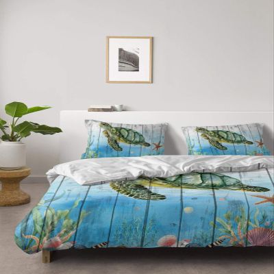 4 Piece California King Watercolor Ocean Turtle Starfish Breathable Comforter Covers Ultra Soft Bed Sheet with Decoretive 2 Pillow Shams Bedding Collection Sets Blue Gradient on Wood Plank