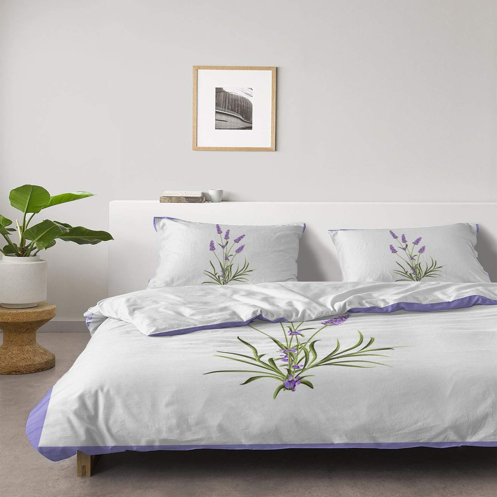 4 Piece Full Spring Farm Country Lavender Flower Breathable Comforter Covers Ultra Soft Bed Sheet with Decoretive 2 Pillow Shams Bedding Collection Sets Purple Frame on White