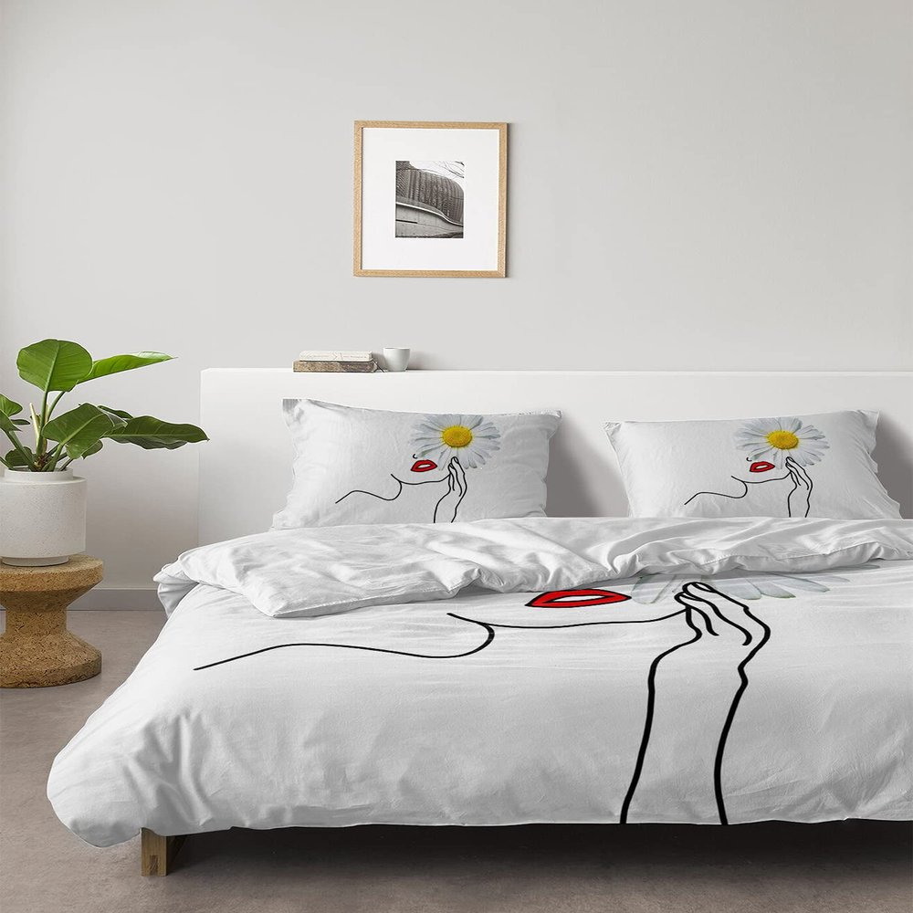 4 Piece California King Aesthetic Black Line Women White Daisy Flower Red Lips Breathable Comforter Covers Ultra Soft Bed Sheet with Decoretive 2 Pillow Shams Bedding Collection Sets Sexy Girl