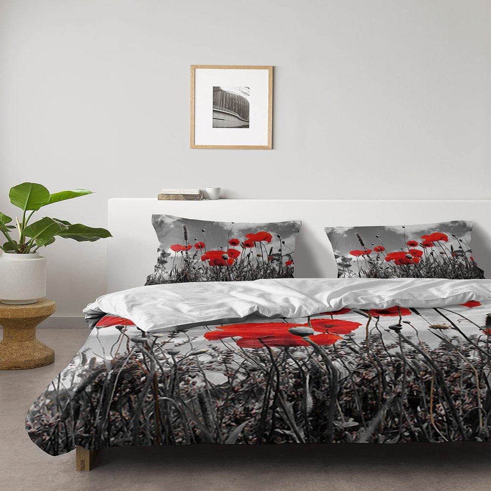 4 Piece California King Wild Poppy Flower Abstract Blossom Flower Breathable Comforter Covers Ultra Soft Bed Sheet with Decoretive 2 Pillow Shams Bedding Collection Sets Nature Blooming Floral