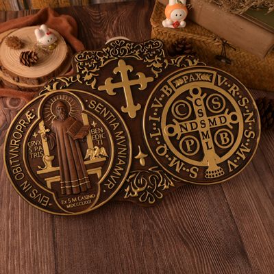 BGCOPPER St. Benedict's Exorcism Medal Solid Wood Carving, Christian Exorcism Plaque Personalized Religious Wall Decor Gift (16 * 10.5 * 1inches, outline in gold)