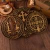 BGCOPPER St. Benedict's Exorcism Medal Solid Wood Carving, Christian Exorcism Plaque Personalized Religious Wall Decor Gift (16 * 10.5 * 1inches, outline in gold) view 1