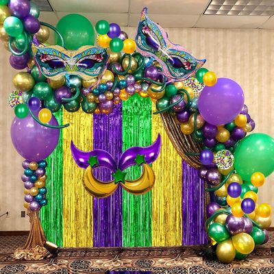 116 Pcs Mardi Gras Decorations - 2Pack Mardi Gras Tinsel Foil Fringe Curtains with Big Aluminum Mask Balloons Green Purple Yellow Mardi Gras Balloons for Mardi Gras Party Carnival Decoration