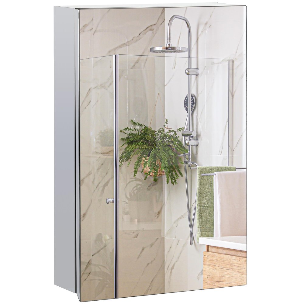 kleankin Wall-Mounted Medicine Cabinet with Mirror, Bathroom Mirror Cabinet Wall Mounted with Hinged Door, Storage Shelves for Living Room and Laundry Room, 15" x 24", Silver