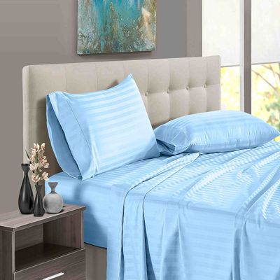 1000 Thread Count 100% Long Staple Egyptian Cotton Soft Combed, 4 Piece Sheets Set, Smooth & Soft Sateen Weave, Luxury Hotel Collection Bedding, Deep Pocket Fitted (Full, Light Blue Stripe)