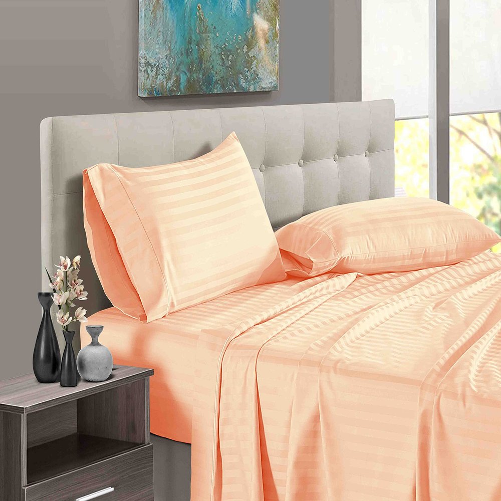 1000 Thread Count 100% Long Staple Egyptian Cotton Soft Combed, 4 Piece Sheets Set, Smooth & Soft Sateen Weave, Luxury Hotel Collection Bedding, Deep Pocket Fitted (Full, Peach Stripe)
