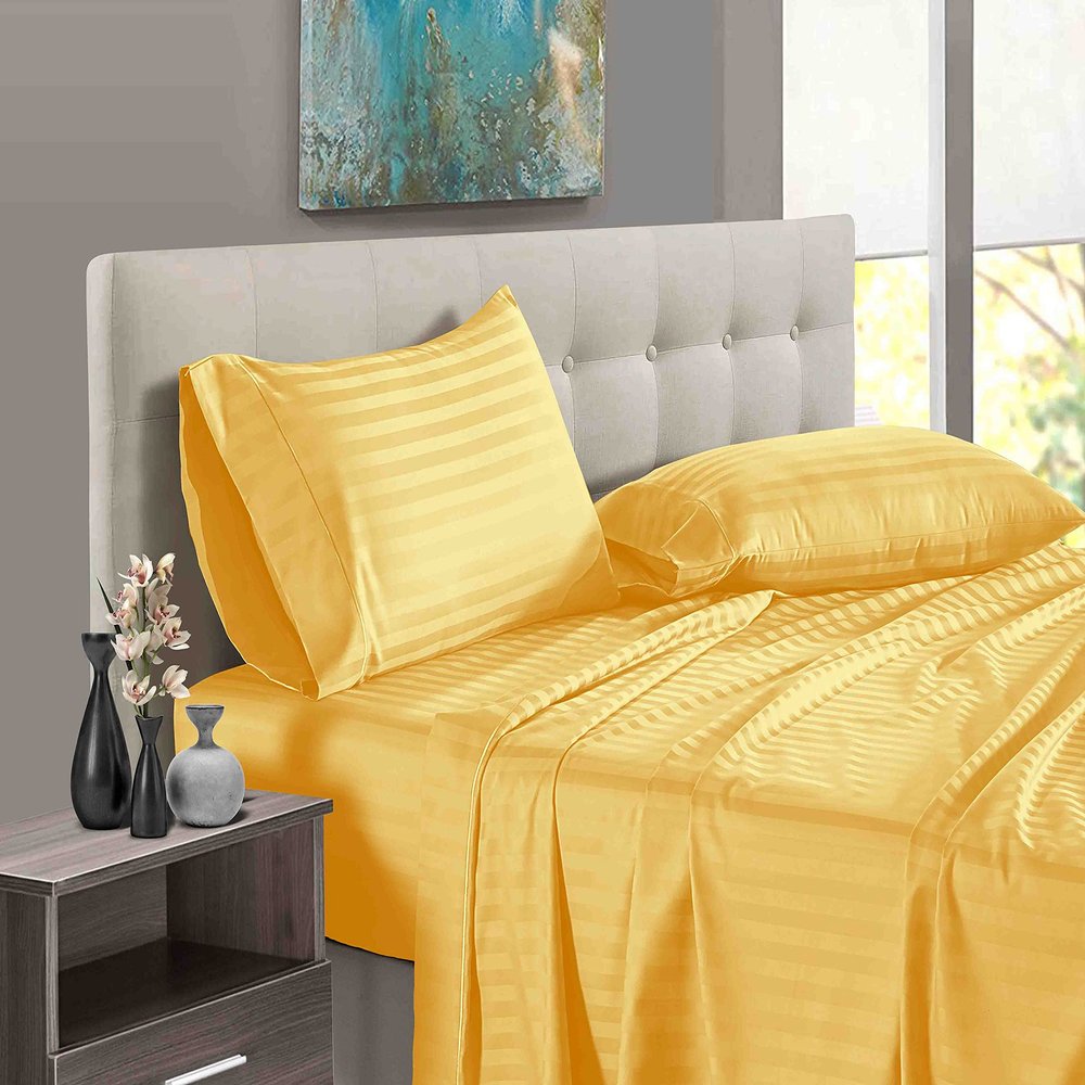 1000 Thread Count 100% Long Staple Egyptian Cotton Soft Combed, 4 Piece Sheets Set, Smooth & Soft Sateen Weave, Luxury Hotel Collection Bedding, Deep Pocket Fitted (Short Queen, Gold Stripe)