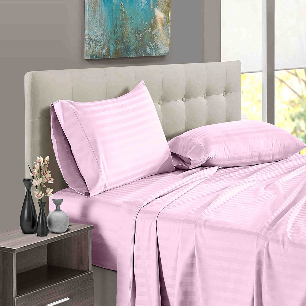 1000 Thread Count 100% Long Staple Egyptian Cotton Soft Combed, 4 Piece Sheets Set, Smooth & Soft Sateen Weave, Luxury Hotel Collection Bedding, Deep Pocket Fitted (Twin XL, Pink Stripe)