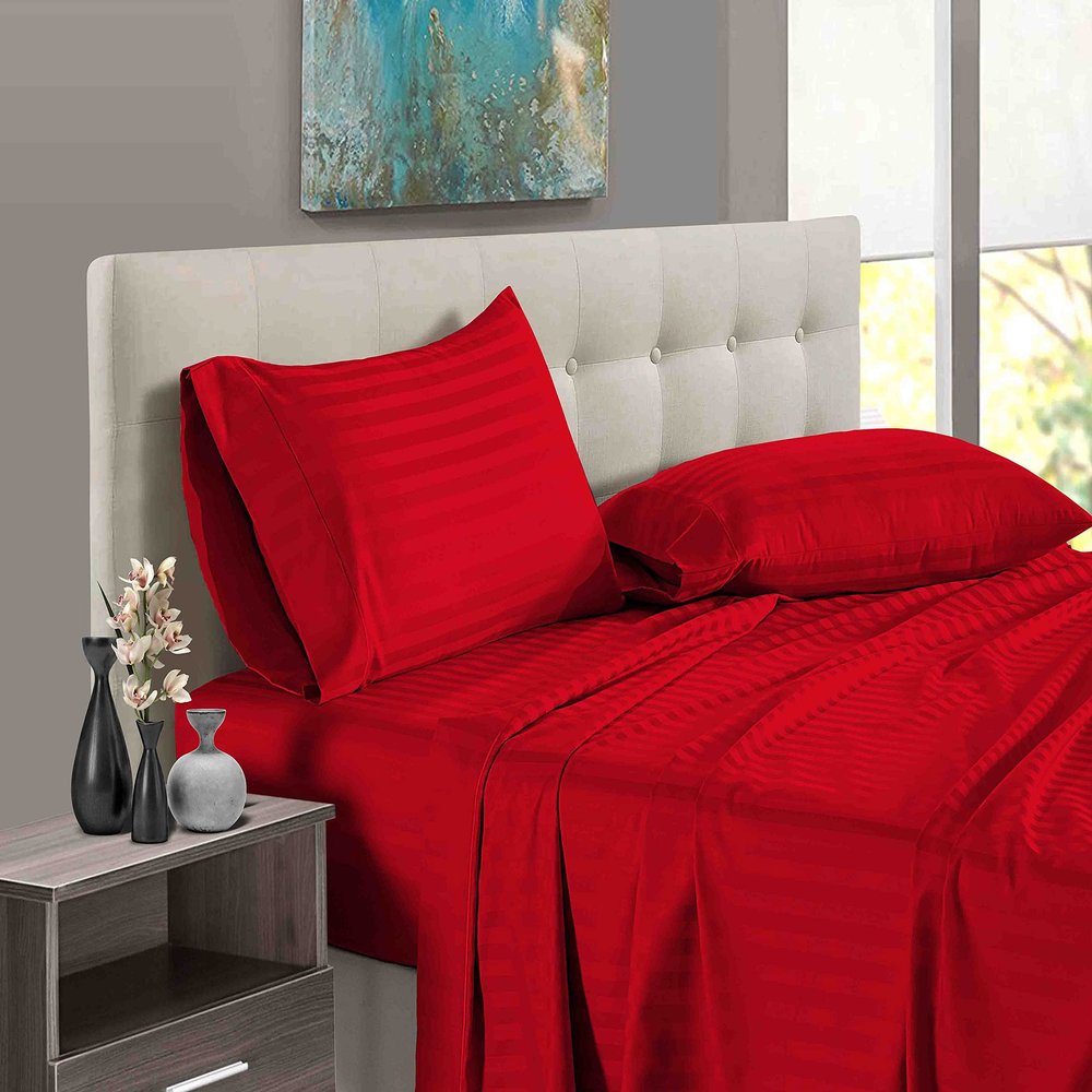1000 Thread Count 100% Long Staple Egyptian Cotton Soft Combed, 4 Piece Sheets Set, Smooth & Soft Sateen Weave, Luxury Hotel Collection Bedding, Deep Pocket Fitted (Twin XL, Blood Red Stripe)