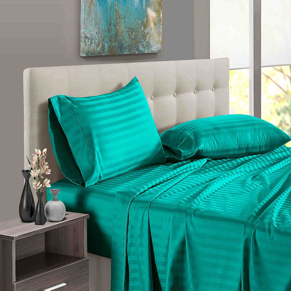 1000 Thread Count 100% Long Staple Egyptian Cotton Soft Combed, 4 Piece Sheets Set, Smooth & Soft Sateen Weave, Luxury Hotel Collection Bedding, Deep Pocket Fitted (Short Queen, Turquoise Green Stripe)