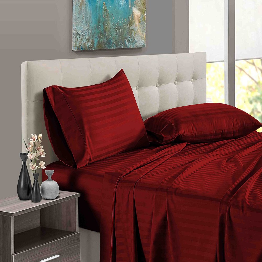 1000 Thread Count 100% Long Staple Egyptian Cotton Soft Combed, 4 Piece Sheets Set, Smooth & Soft Sateen Weave, Luxury Hotel Collection Bedding, Deep Pocket Fitted (Twin XL, Burgundy Stripe)