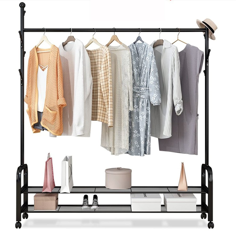 Heavy Duty Clothes Coat Rack with Shelves, Metal Garment Racks Shoe Shelf, Free Standing Armoire (150X35X160cm)