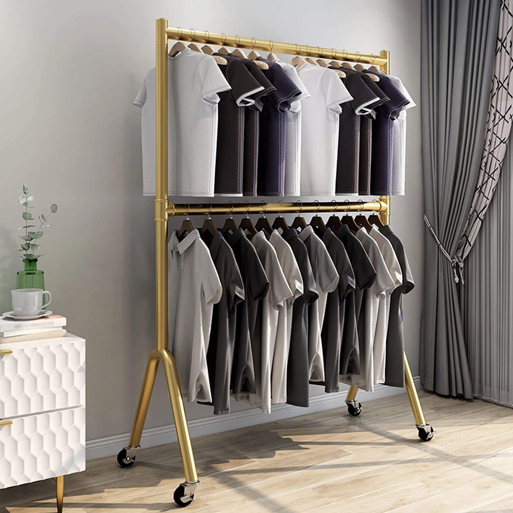 2-Layer Floor-Standing Movable Garment Rack, Multifunctional Household Storage Organizer Shelves, Space Saver