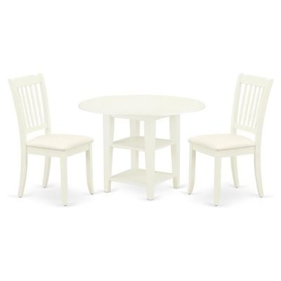 Atlin Designs 3-Piece Dining Set, Rubber Wood and Linen, White Finish, Includes Round Drop Leaf Table with Shelves and 2 Cushion Seat Chairs, Compact Design for Kitchen or Small Dining Room Use