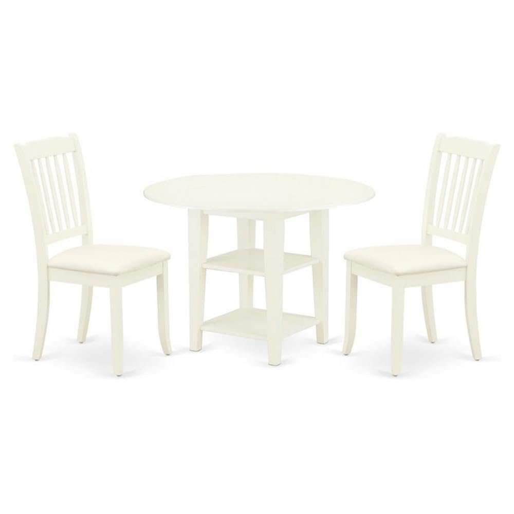 Atlin Designs 3-Piece Dining Set, Rubber Wood and Linen, White Finish, Includes Round Drop Leaf Table with Shelves and 2 Cushion Seat Chairs, Compact Design for Kitchen or Small Dining Room Use