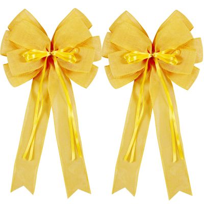 Hongsome 2 Pcs Large Yellow Easter Wreath Bow Decor, Classic Glitter String & Burlap Ribbon, Spring/Summer/Autumn/Winter Tree Topper Bows