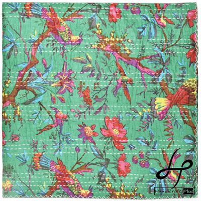 Handicrafts Plus King/Queen Size Kantha Quilt Beautiful Bedding Bedcover Bird Print Olive Green Color Coverlet 90x108''