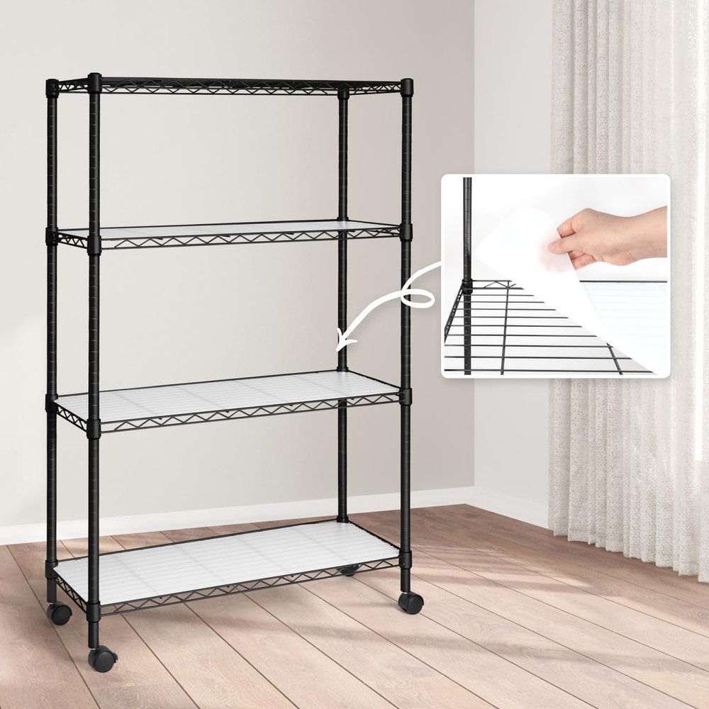 CAPHAUS NSF Adjustable Shelves Metal Wire Shelving Unit w/Liners, Kitchen Storage Shelving, Metal Steel Storage Shelving, Garage Shelving Storage Organizer, Utility Shelf, 4-Tier W/Wheels, Black