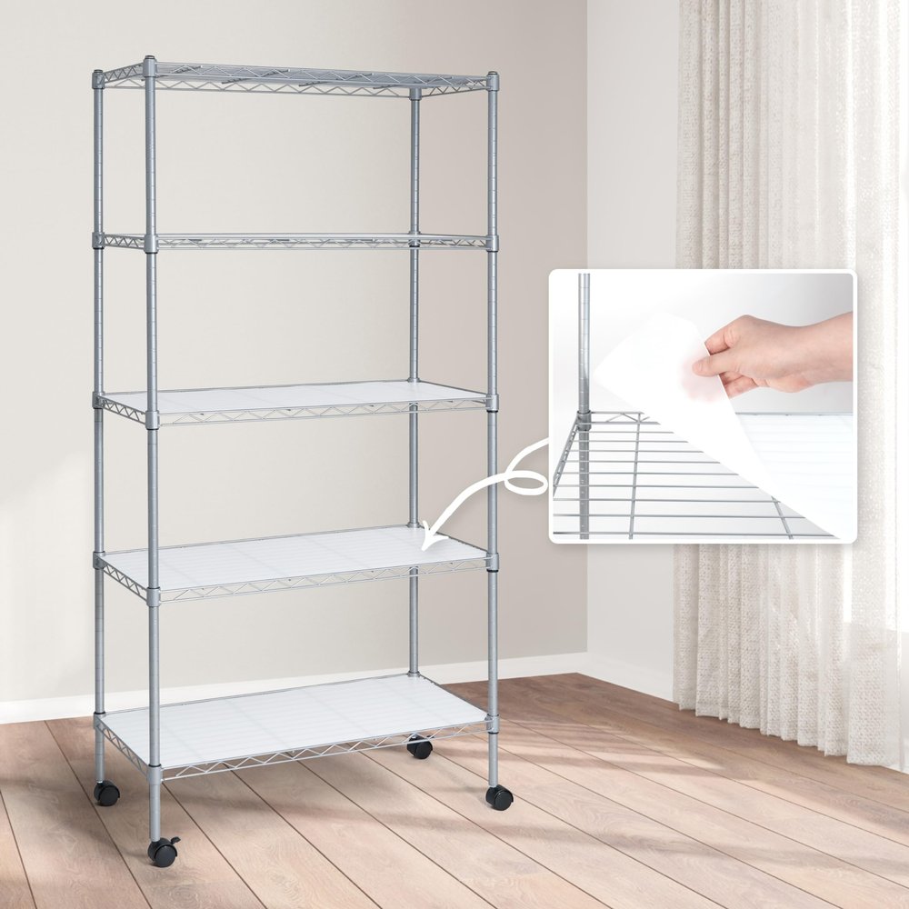 CAPHAUS NSF Adjustable Shelves Metal Wire Shelving Unit w/Liners, Kitchen Storage Shelving, Metal Steel Storage Shelving, Garage Shelving Storage Organizer, Utility Shelf, 5-Tier W/Wheels, Silver