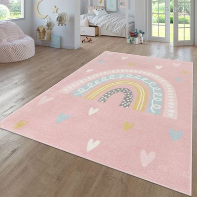 Paco Home Kids Room Rug with Rainbow and Hearts in Pink, Size: 6'7" x 9'2"