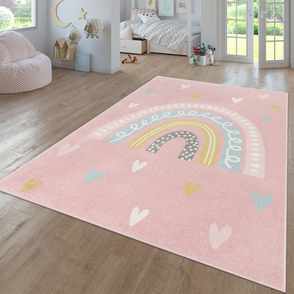 Paco Home Kids Room Rug with Rainbow and Hearts in Pink, Size: 6'7" x 9'2"
