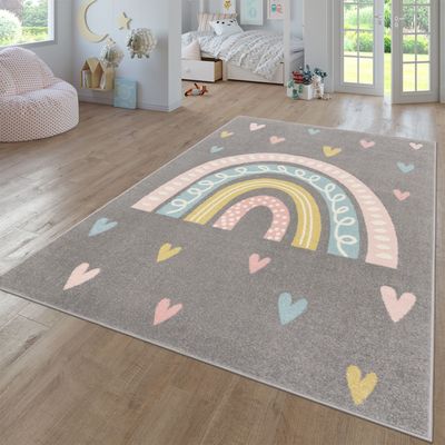 Paco Home Kids Room Rug with Rainbow and Hearts in Grey, Size: 6'7" x 9'2"