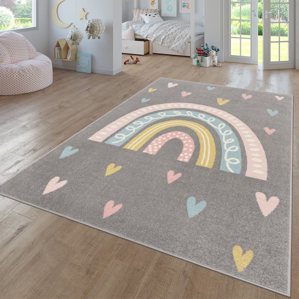 Paco Home Kids Room Rug with Rainbow and Hearts in Grey, Size: 6'7" x 9'2"