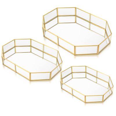 Jetec 3 Pieces Mirror Glass Vanity Tray Gold Ornate Makeup Tray Metal Vintage Octagonal Perfume Dresser Trays for Bedroom Home Decor Dresser Hotel, 3 Sizes