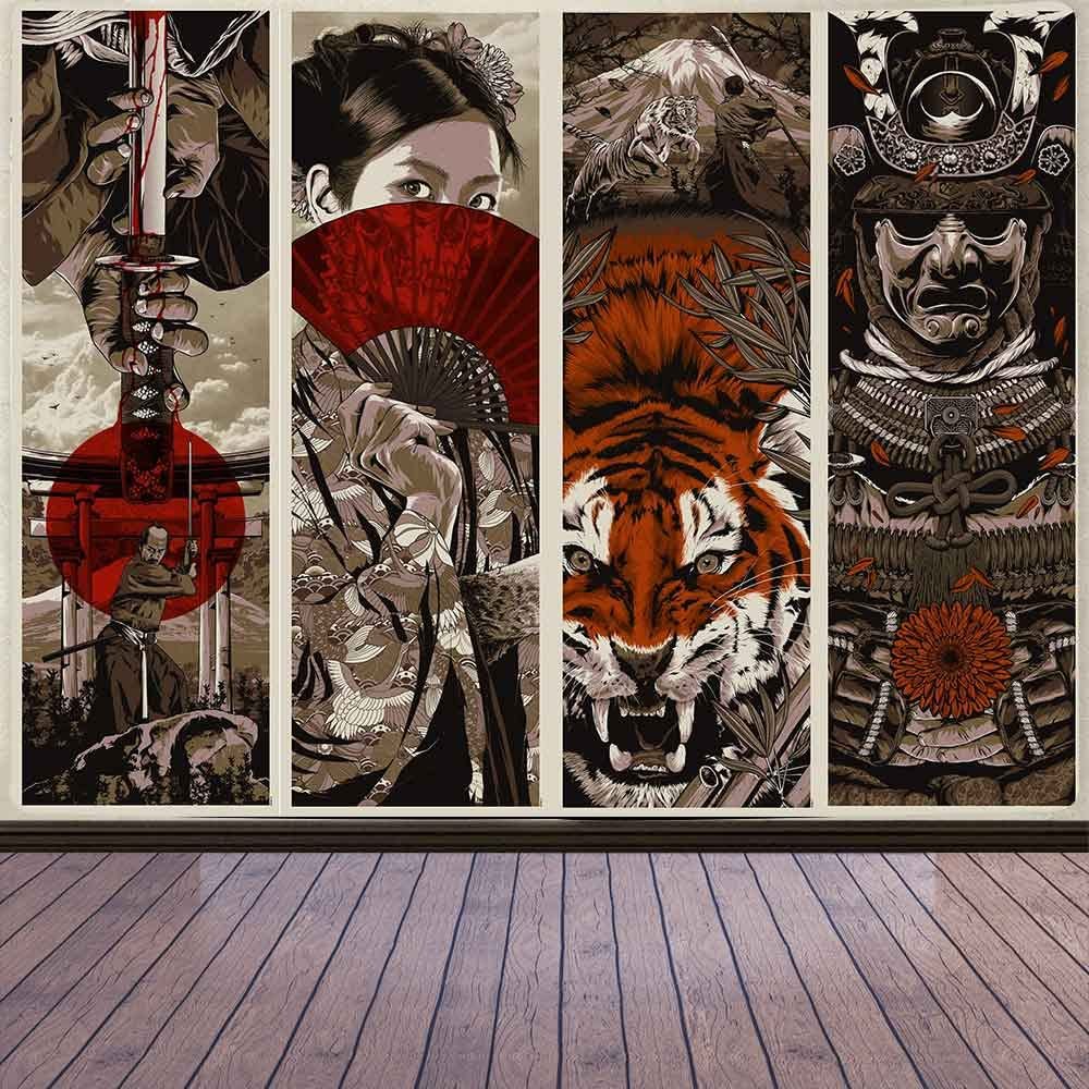 Aidatain Japanese Style Wall Tapestry - Samurai Maiko Tiger Mount Fuji Aesthetic - Flannel 80x60 - Bedroom, Living, Dining Room, College Dorm Wall Hanging GTFNAT0032