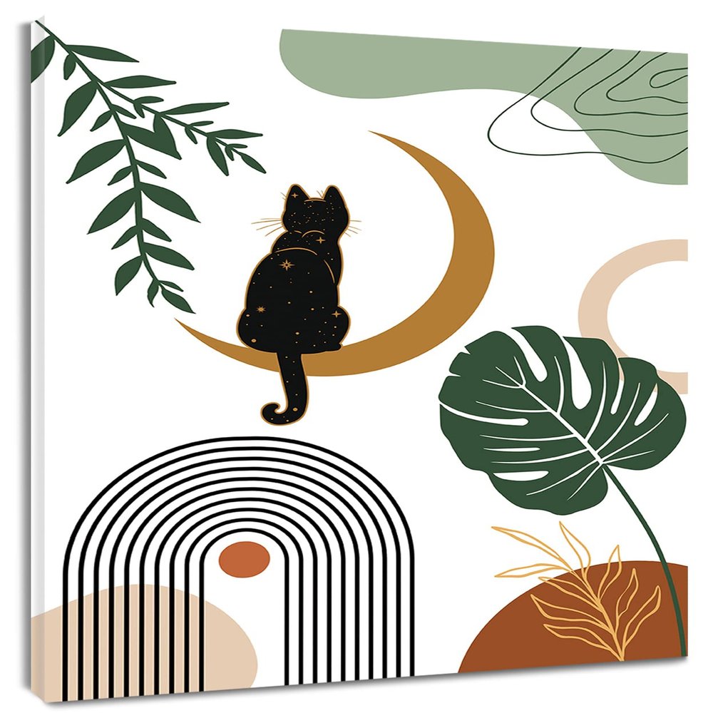 LB Mid Century Minimalist Canvas Wall Art, Black Cat with Abstract Moon and Green Leaves Canvas Art Wall Decor, Modern Abstract Decor for Living Room Bedroom Bathroom Ready to Hanging 12x16 Inches