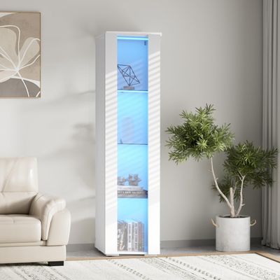 Pvillez 67" LED Display Cabinet with 4 Glass Shelves & 1 Door, Modern Curio Cabinet Collection Display Case Storage Cabinet, High Gloss Floor Standing Bookshelf for Living Room Bedroom Office (White)