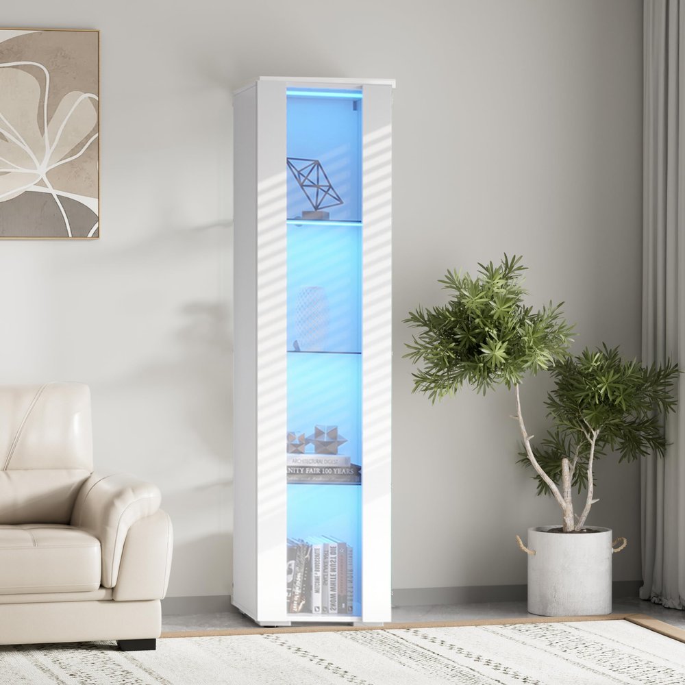Pvillez 67" LED Display Cabinet with 4 Glass Shelves & 1 Door, Modern Curio Cabinet Collection Display Case Storage Cabinet, High Gloss Floor Standing Bookshelf for Living Room Bedroom Office (White)