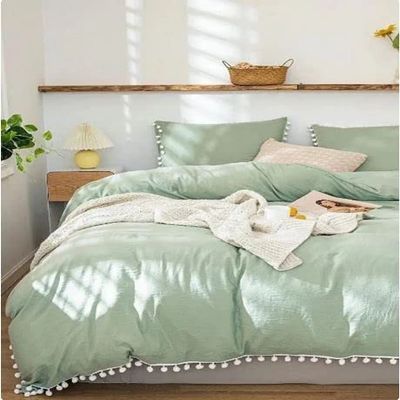 3 Pieces Sage Green Pom Pom Cotton Duvet Cover Set Boho Bedding UO Comforter Cover with 2 Pillowcases, No Filler Included (Sage Green, Queen Size 90" x 90" Inches)