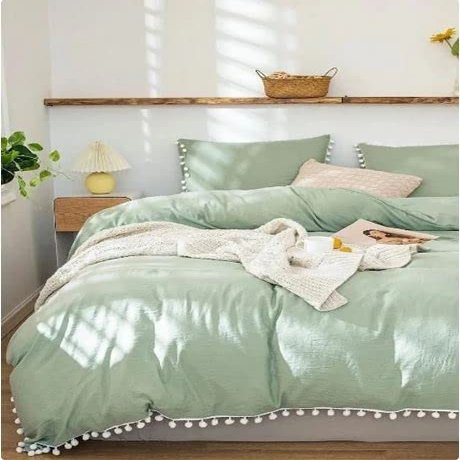 3 Pieces Sage Green Pom Pom Cotton Duvet Cover Set Boho Bedding UO Comforter Cover with 2 Pillowcases, No Filler Included (Sage Green, Queen Size 90" x 90" Inches)