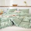 3 Pieces Sage Green Pom Pom Cotton Duvet Cover Set Boho Bedding UO Comforter Cover with 2 Pillowcases, No Filler Included (Sage Green, Queen Size 90" x 90" Inches) view 4