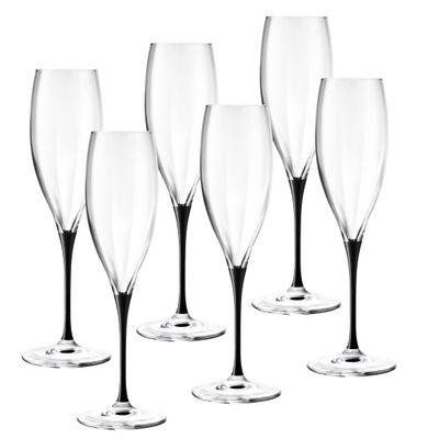 Barski Toasting Flute Glass - Champagne - Flutes - Set of 6 Crystal Glasses - Wedding Toasting Flutes - Black Stem - 11 oz Made in Europe