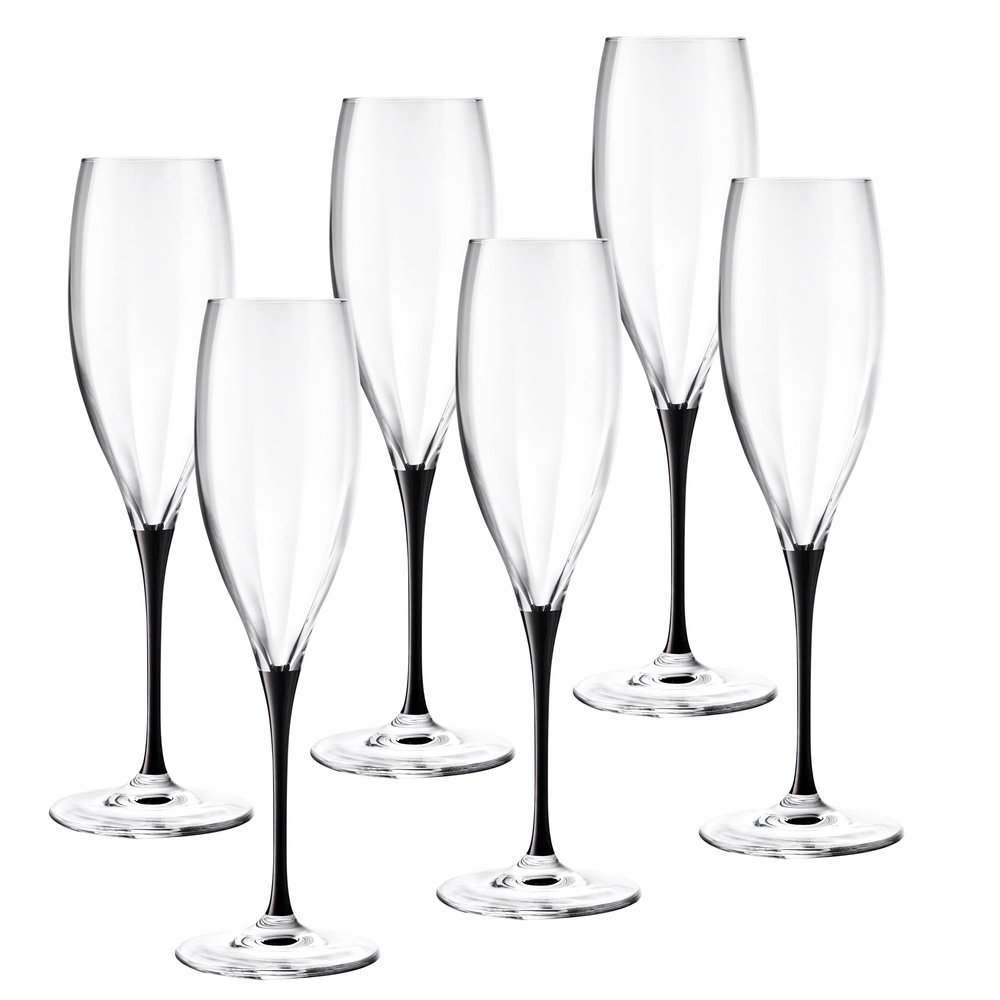 Barski Toasting Flute Glass - Champagne - Flutes - Set of 6 Crystal Glasses - Wedding Toasting Flutes - Black Stem - 11 oz Made in Europe