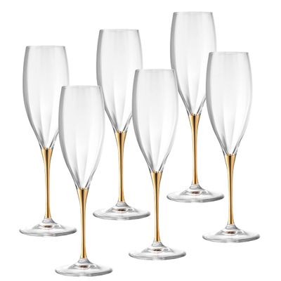 Barski Toasting Flute Glass - Champagne - Flutes - Set of 6 Crystal Glasses - Wedding Toasting Flutes - Gold Stem - 11 oz Made in Europe