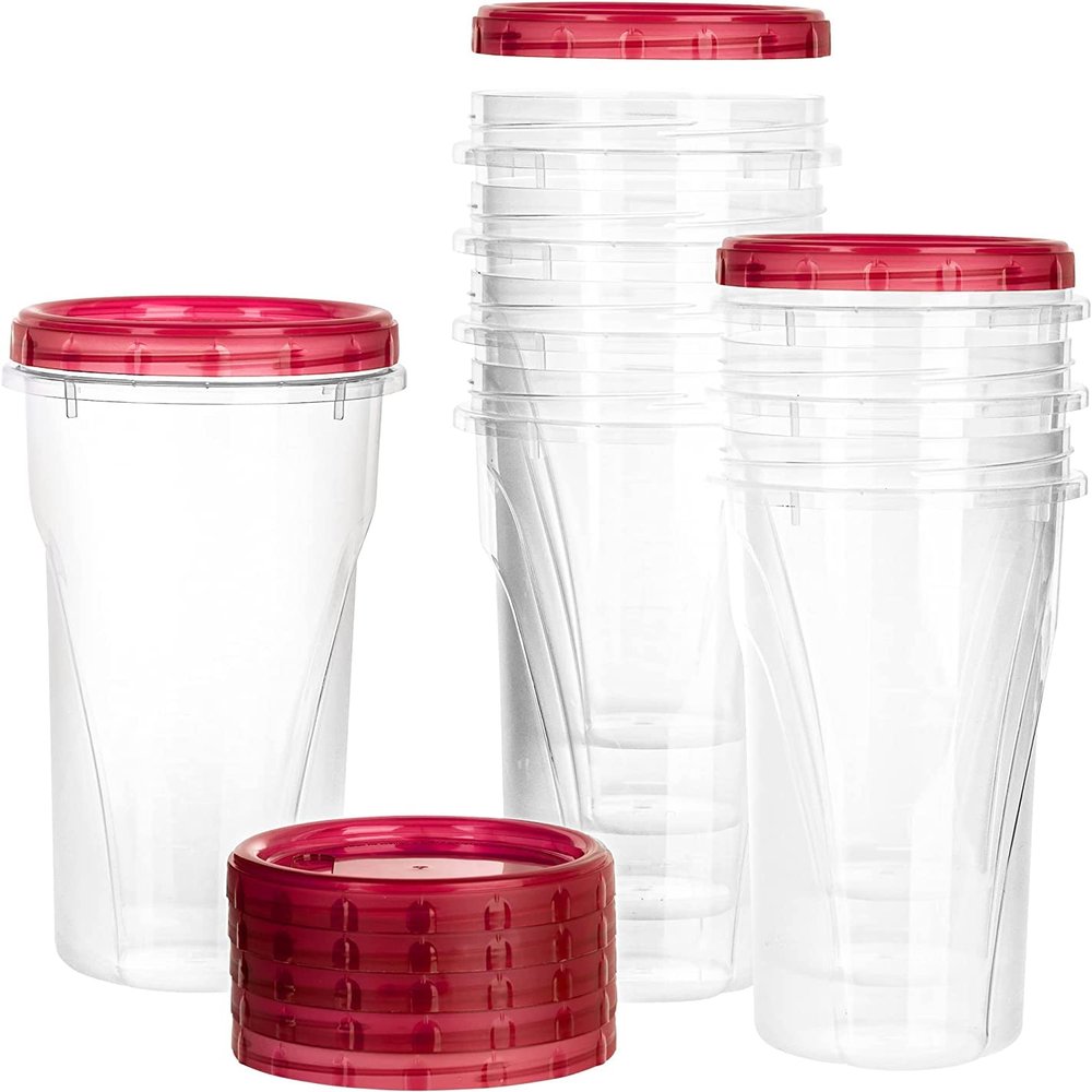 48 oz Clear Twist Top Storage Deli Containers with Leak Proof Lids Red - BPA Free Snack Containers Airtight Reusable Plastic Food Storage Canisters with Twist Seal Caps, Food Storage, Meal Prep, Freezer, Kitchen Organizer, Stackable, Reusable (8)
