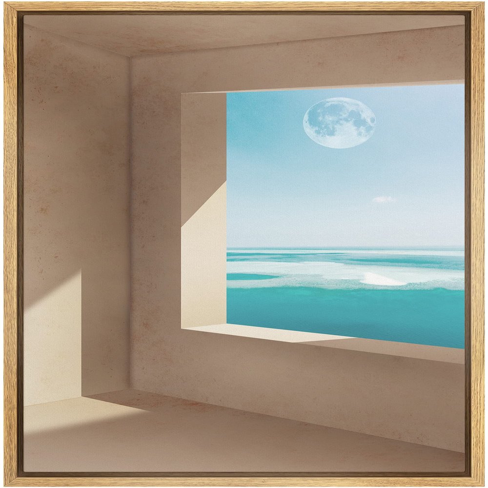 SIGNWIN Framed Canvas Print Wall Art Preppy Room Decor Fantasy Moonlight Sky Ocean Beach Wave Landscape Window View Decorative Scenic Colorful for Living Room, Bedroom, Office - 16"x24" Natural