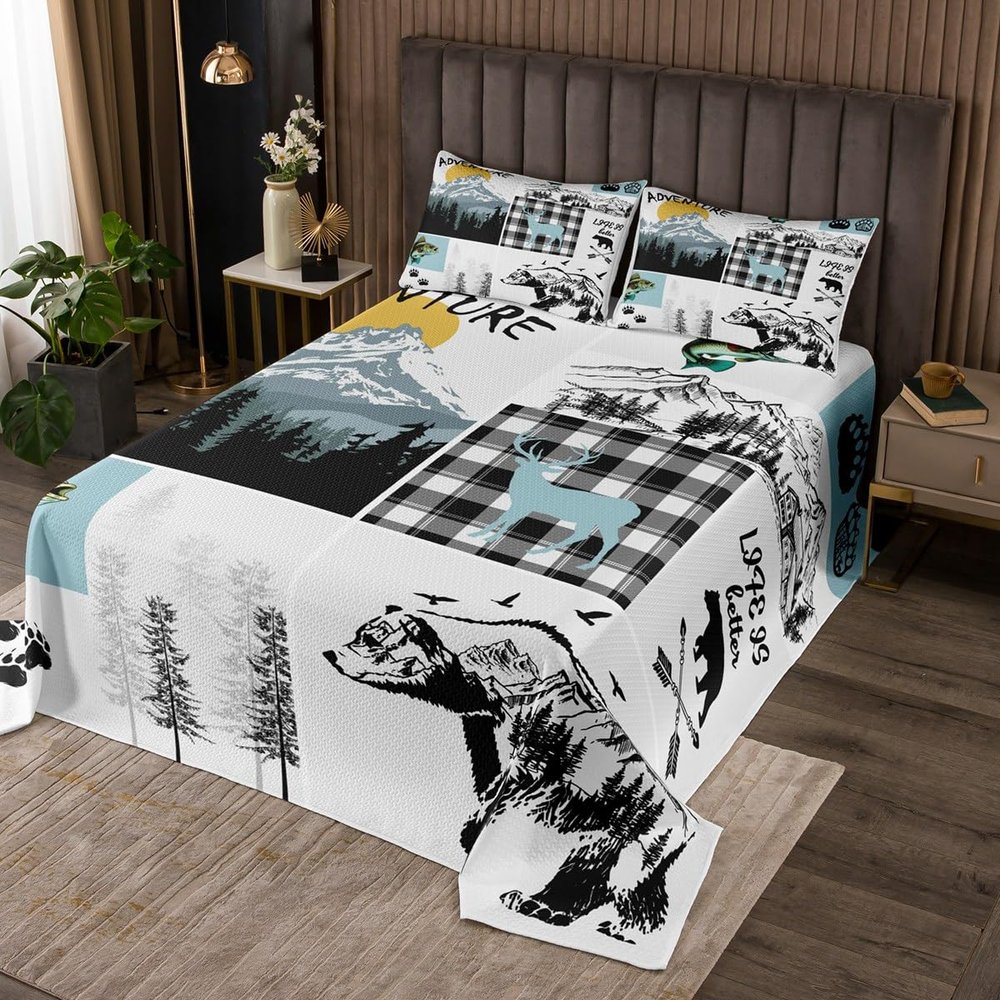 Erosebridal Cabin Bear Deer Quilted King,Hunting Fishing Bass Fish Bedspread Rustic Farmhouse Buffalo Check Plaid Coverlet Set for Teen Boys Adults Men,Wild Animal Quilt Set 2 Pillow Cases Grey Blue