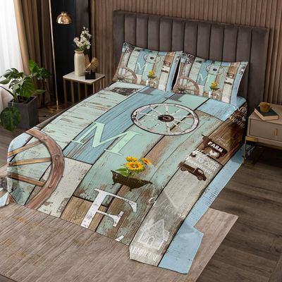 Rustic Farmhouse Cabin Bedding Set Retro Western Wooden Board Wheel Bedspread Twin,Farm Animal Sunflower Coverlet Set For Lodge,Pastoral Country Planks Quilt Set Teal Brown Home Room Decor 2 Pcs