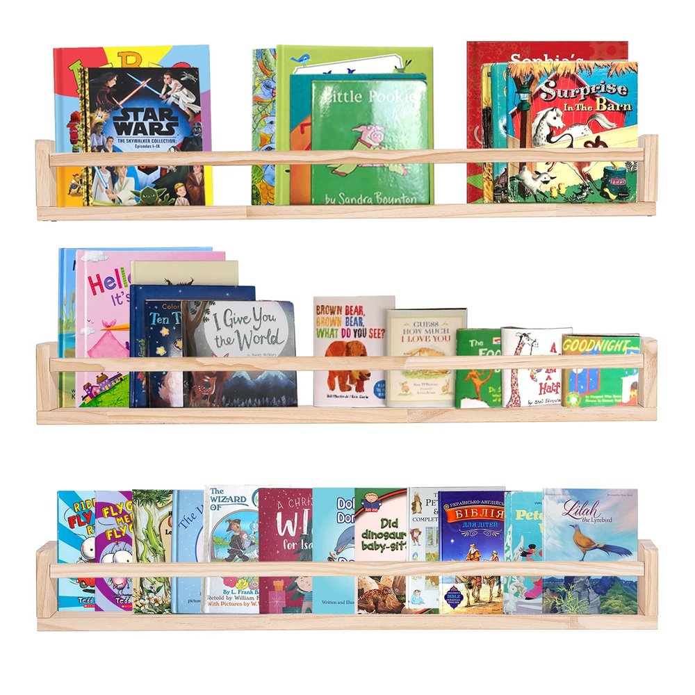 AZSKY Natural Wood Nursery Shelves Floating Wall Book Shelves Nursery Kids Baby Toddler Room Dcor 36 in Bookshelf for Toy Picture Display a Set of 3 Same Sizes