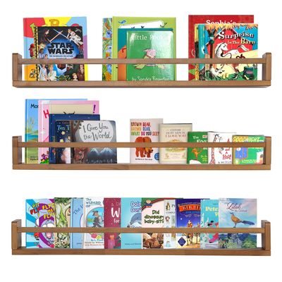 AZSKY Light Walnut Nursery Book Shelves 36 in Floating Wall Mounted Bookshelf Kids Room Hanging Shelves Books Storage Organizer a Set of 3