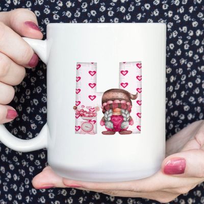 Custom Monogram Initial Letter H Funny Coffee Mug Pink Gnome with Hearts in Letters Ceramic Coffee Mug Personalized Funny Valentines Day Funny Coffee Cup Mug 15oz