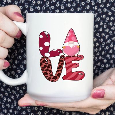 Valentine's Day Gnome with Heart Funny Coffee Mugs Pink Leopard Dots Stripes Love Ceramic Cup Celebration of Love Valentine Funny Mugs for Men Women 15oz