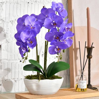 YSZL Large Artificial Potted Orchid Plant, Silk Flower Arrangement with Ceramics Vase, Purple